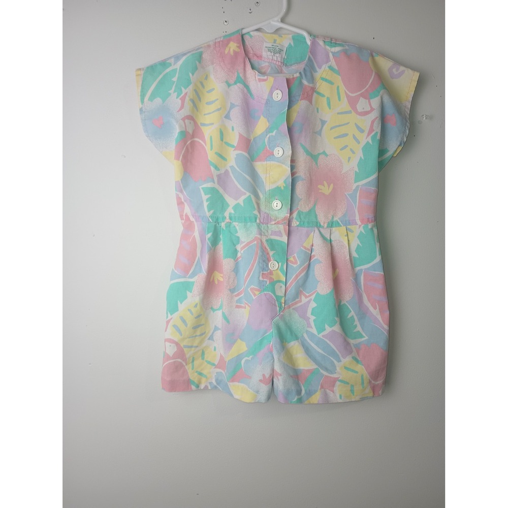 Vintage Health-tex Girls Pastel Tropical Floral Parrot Romper Pink Teal Size 5